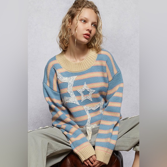 POL “ Boho Skies “ Striped Crewneck Patchwork Sweater | Blue Stripe - Picture 1 of 6